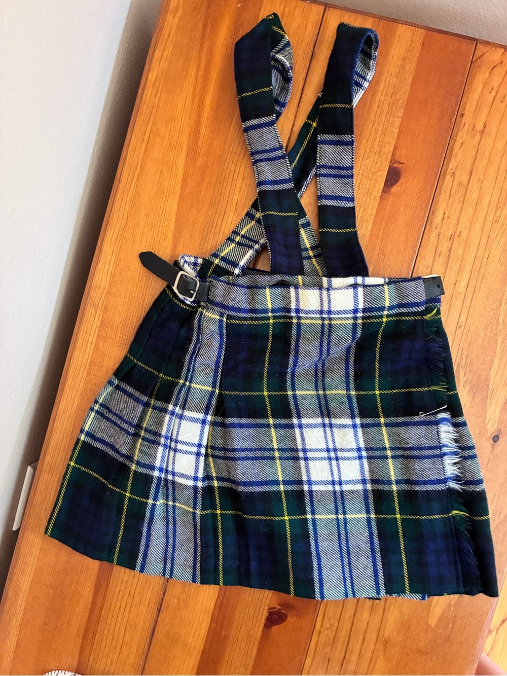 Vintage 80s Green & Navy Plaid Tartan Skirt Kilt Scottish Wool - Girl Age